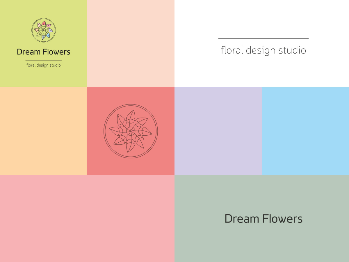 изобразительный знак и логотип Dream Flowers на цветном фоне